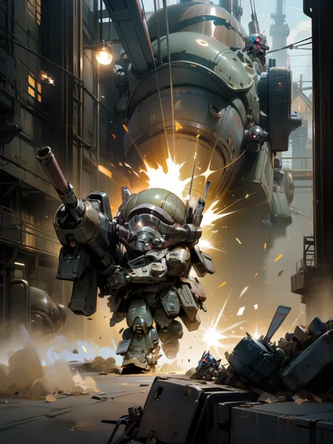 masterpiece,explosion,spark,Minigun, walking on two legs,( light gray),( chibi:1.5),realistic lighting,very short in meters,Petite:1.2,Chubby:1.hort legs:1.3,thick thigh,squats,Steampunk,Armored Trooper ,armored_trooper,depth of field,Kyoani Style,glitter,