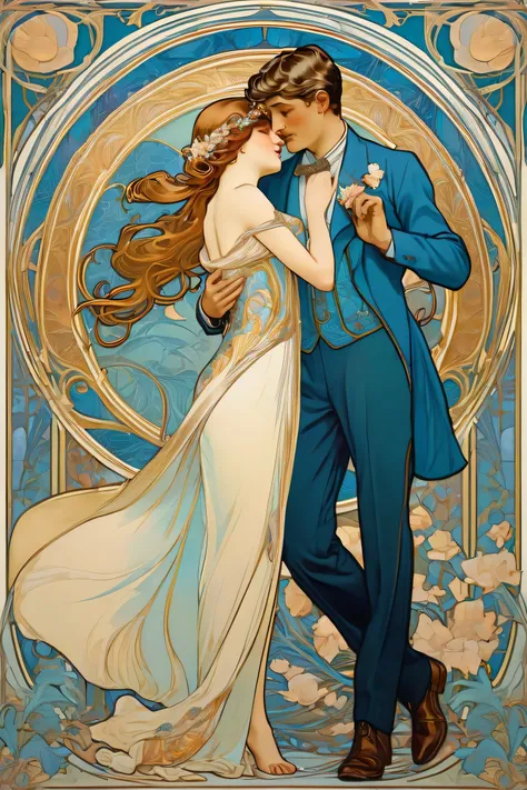 man & woman, in the Art Nouveau era, As a model, Full body, light dress, androgyn, small breast, Alfons Mucha artist, Art Nouveau background, best art nouveau, love, pair of lovers, best detail, illustration, 4k, blue and gold colors,