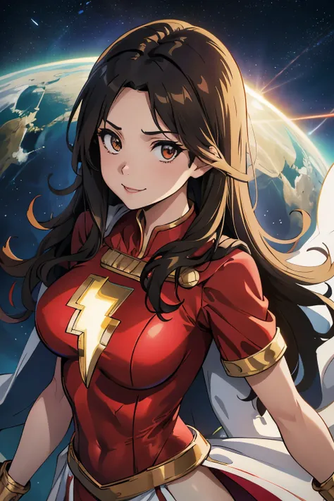 best quality,masterpiece,looking at viewer,absurdres,1girl,score_9,score_8_up,score_7_up,source_anime BREAK   mary marvel, white cape, red dress, red skirt, short sleeves, bracer, large breasts, smile, looking at viewer, space, stars, planets, (flying:1.4)...