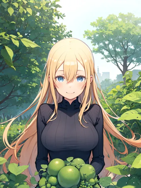 Woman standing in front of kitchen garden holding long, slender green vegetables、 Smile、upper body、blonde hair、hair between eyes、STRAIGHT LONG HAIR、blue eyes、green turtleneck sweater、Big Breasts、