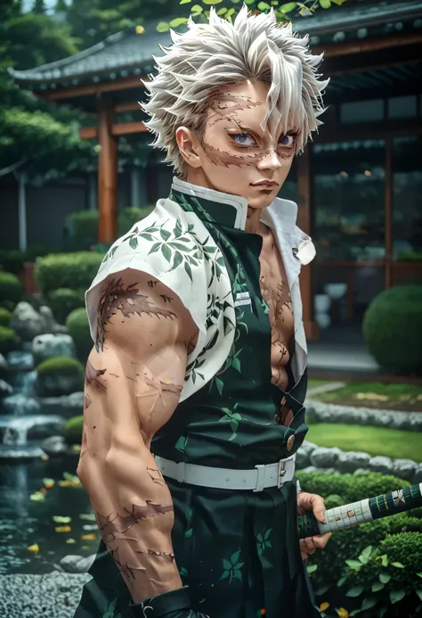 Create a semi-realistic digital illustration of an anime warrior standing confidently with a katana on his shoulder. He has wild, spiky white hair, glowing purple eyes, and muscular, scarred skin. His attire consists of a sleeveless white haori over a blac...