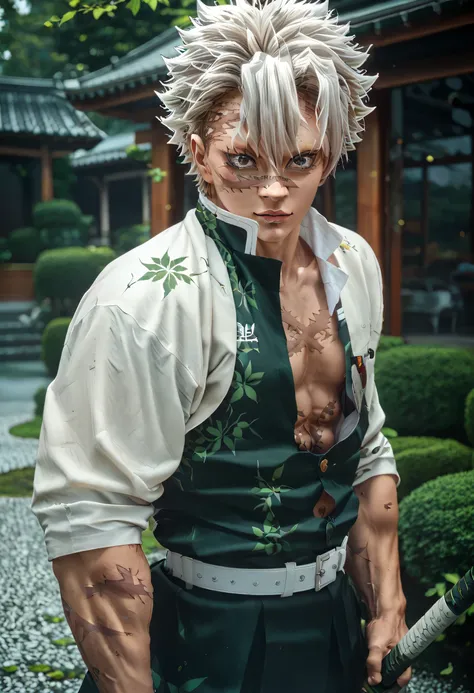 Create a semi-realistic digital illustration of an anime warrior standing confidently with a katana on his shoulder. He has wild, spiky white hair, glowing purple eyes, and muscular, scarred skin. His attire consists of a sleeveless white haori over a blac...