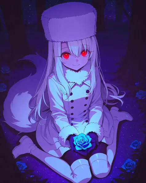 1girl, albino, blue flower, blue rose, boots, buttons, coat, double-breasted, flower, forest, fur-trimmed collar, fur-trimmed sleeves, fur hat, fur trim, hat, illyasviel von einzbern, long hair, long sleeves, looking at viewer, nature, outdoors, pantyhose,...