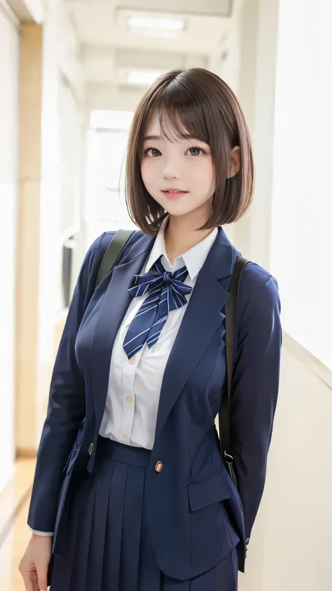 Transcendental cute high school girl、uniform pose、 no bangs、knee-length skirt that sticks out gig、thin thighs、((has a smiling face))、bob cut、school hallway、Slender Body、beautiful breasts、Highest Quality、best quality、Max Masterpiece、(Perfect Anatomy:1.2)、(d...