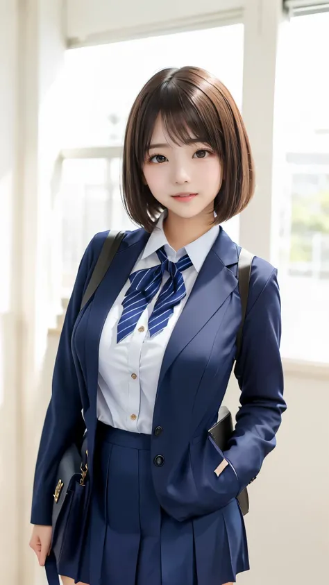 Transcendental cute high school girl、uniform pose、 no bangs、knee-length skirt that sticks out gig、thin thighs、((has a smiling face))、bob cut、school hallway、Slender Body、beautiful breasts、Highest Quality、best quality、Max Masterpiece、(Perfect Anatomy:1.2)、(d...