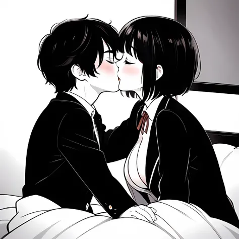 ((( Line art ))),((( monochrome:1.1))) ,1girl,1boy ,(((kiss:1.5))) ,iris , Dark Eyes ,( small eyes ),(Slanted Eyes) ,(black hair),( short hair ),bangs ,(half closed eyes),smile,embarrassed,(((short stature:1.2))),(black blazer ),white shirt ,red ribbon ,(b...