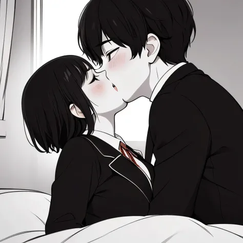 ((( Line art ))),((( monochrome:1.1))) ,1girl,1boy ,(((kiss:1.5))) , 1 boy , black hair,short hair,white shirt , 2 girl ,iris , Dark Eyes ,( small eyes ),(Slanted Eyes) ,(black hair),( short hair ),bangs ,(half closed eyes),smile,embarrassed,(((short statu...