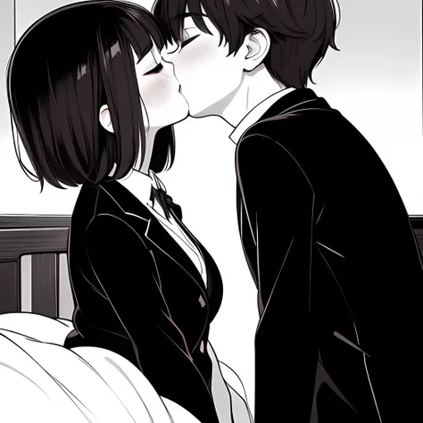 ((( Line art ))),((( monochrome:1.1))) ,1girl,1boy ,(((kiss:1.5))) , 1 boy , black hair,short hair , 2 girl ,iris , Dark Eyes ,( small eyes ),(Slanted Eyes) ,(black hair),( short hair ),bangs ,(half closed eyes),smile,embarrassed,(((short stature:1.2))),(b...