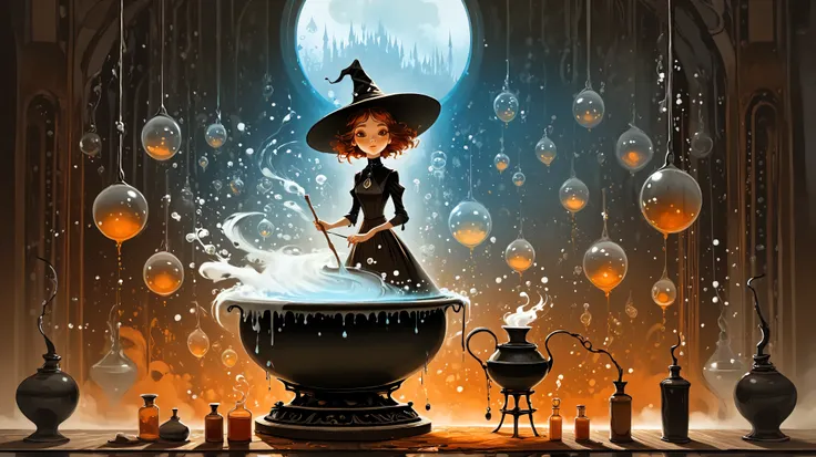 Young witch with pointed hat, magical brewing laboratory, stirring a bubbling cauldron labeled "Instant Regret Remover", magical bubbles rising and floating upward, mystical workshop with potion bottles and spell books, ethereal foggy atmosphere, dramatic ...