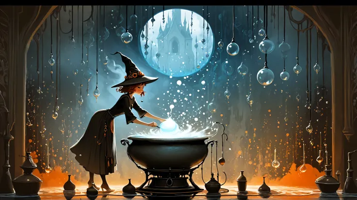 Young witch with pointed hat, magical brewing laboratory, stirring a bubbling cauldron labeled "Instant Regret Remover", magical bubbles rising and floating upward, mystical workshop with potion bottles and spell books, ethereal foggy atmosphere, dramatic ...
