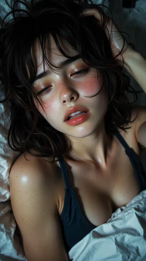 8k, Masterpiece, Top Quality, close-up, woman, dark curly hair, eyes closed tightly crying, open mouth in distress, sweat droplets on face, wearing dark blue tank top, lying in bed on white pillow and sheets, soft dim lighting.