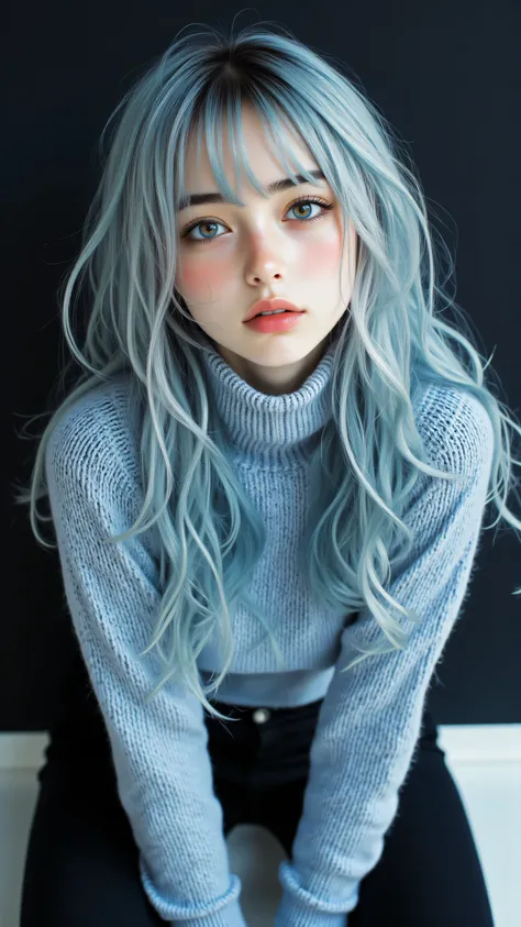 8k, Masterpiece, Top Quality, medium shot, slightly high angle, woman, voluminous long light blue hair with bangs, bright blue eyes, innocent expression, looking up at viewer, wearing light blue ribbed turtleneck sweater and dark pants, crouching pose, soft diffused lighting, contrasting dark upper and light lower plain background.

