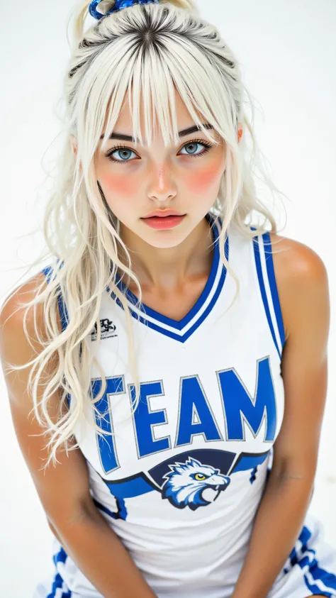 8k, Masterpiece, Top Quality, medium shot, high angle, woman, long white hair with bangs and blue hair tie, light blue eyes, tanned skin, demure expression, looking up at viewer, wearing white and blue cheerleader uniform with team lettering, hands clasped, bright clean lighting, plain white background.

