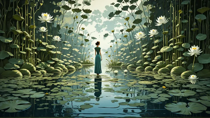 Elegant splash art. Extreme close-up. A mother gazes lovingly at her  reflected in the surface of a still pond. Dynamic lighting. The mother is serene. Art nouveau. Intricate patterns adorn the water lilies. Vivid colors. Best quality, a masterpiece, incre...