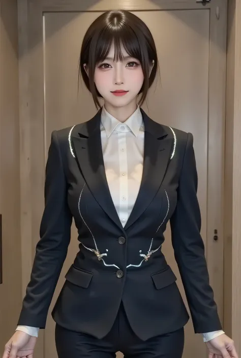 (Highly Detailed CG Unity 8K Wallpaper,masterpiece),(best lighting from above, best shadow, so delicate and beautiful),sf,(1 girl on break day),blue eyes, (( hair、short hair)), suits, standing up picture, 短いhair、Wrinkles in clothing :-2, wooden wall, (fema...