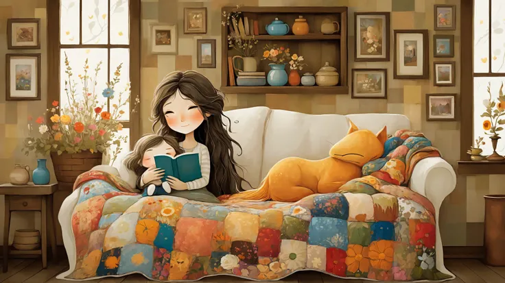 imagine a heartwarming scene of a mother and  reading a book together in a cozy cottage filled with soft, natural light. The mother has long, flowing hair adorned with flowers, and the  is snuggled close, listening intently. The room is decorated with colo...