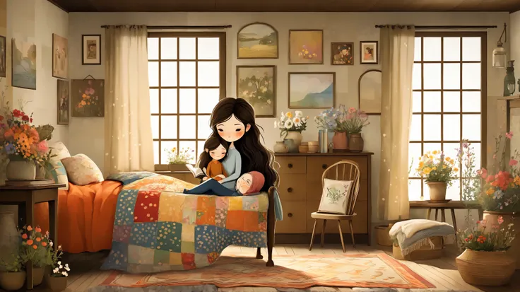 imagine a heartwarming scene of a mother and  reading a book together in a cozy cottage filled with soft, natural light. The mother has long, flowing hair adorned with flowers, and the  is snuggled close, listening intently. The room is decorated with colo...