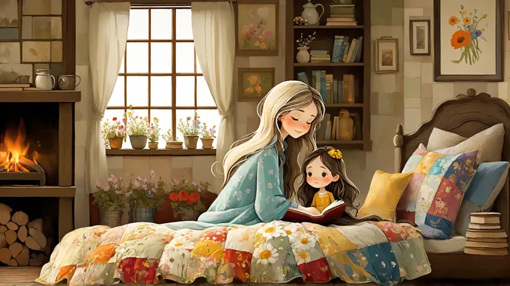 imagine a heartwarming scene of a mother and  reading a book together in a cozy cottage filled with soft, natural light. The mother has long, flowing hair adorned with flowers, and the  is snuggled close, listening intently. The room is decorated with colo...