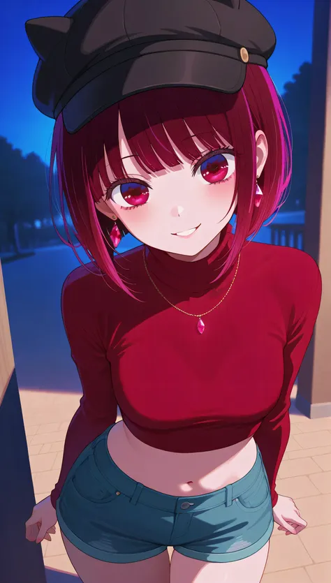 (masterpiece), (portrait), small breasts (aesthetics), ((1 female 21 years old, Kana Arima)), Highlight earrings), ((short hair)), ((Hot crystal red hair)), ((women)) straight hair, thin eyes open, red eyes, cute, naughty smile, women's cap female, woman, ...