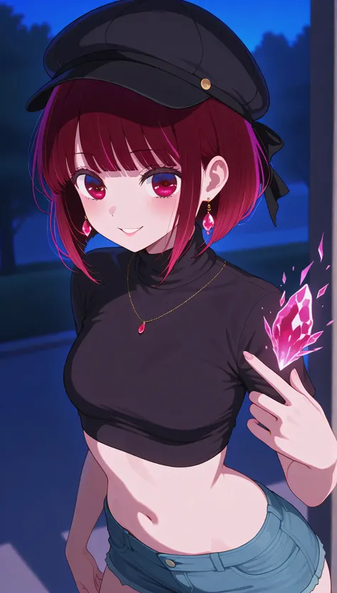 (masterpiece), (portrait), small breasts (aesthetics), ((1 female 21 years old, Kana Arima)), Highlight earrings), ((short hair)), ((Hot crystal red hair)), ((women)) straight hair, thin eyes open, red eyes, cute, naughty smile, women's cap female, woman, ...