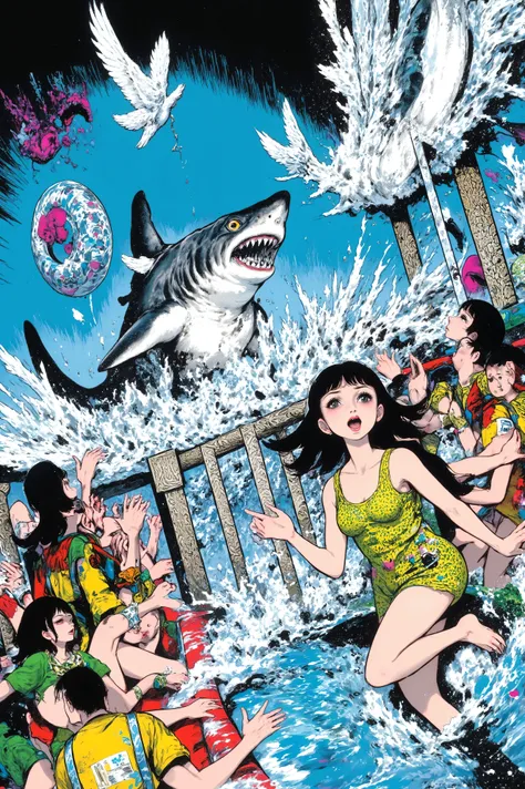 A terrified woman is shown prominently in the foreground of a summer water park scene. She is wearing a bright swimsuit, her mouth open in a scream, eyes wide in fear. Her face and upper body are clearly visible and anatomically accurate. Behind her, a lar...