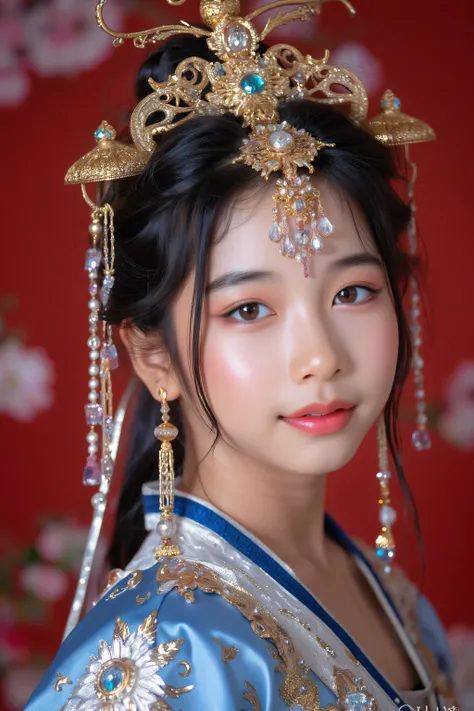 A majestic portrait of a woman in traditional Chinese royal attire, adorned with an intricate golden headdress featuring ornate details, tassels, and jewels that cascade elegantly down her hair. Her expression is poised and regal, with captivating golden-b...