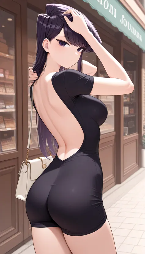 masterpiece, best quality, high quality,
1girl, Komi Shouko, purple hair, long hair, purple eyes
black romper,looking back, bare back, 
twisted torso, storefront, handbag, breasts, adjusting hair, short sleeves, tight clothes, 
