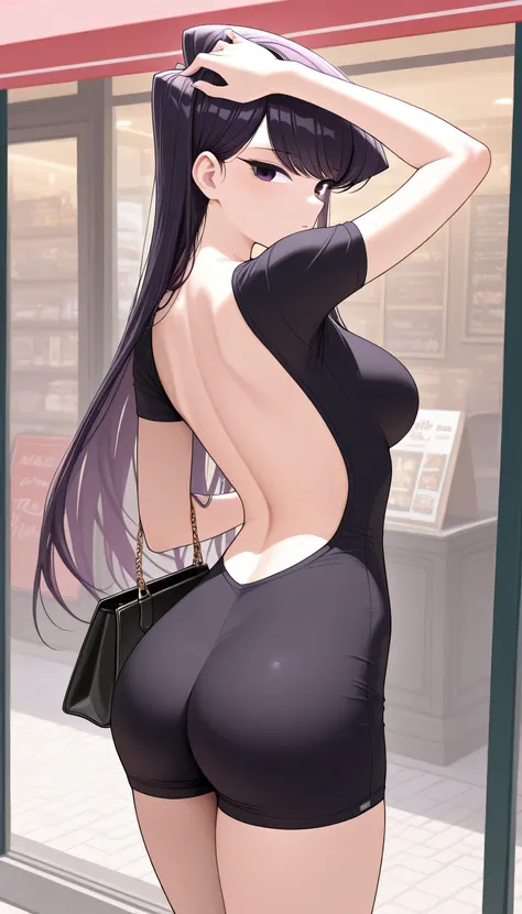 masterpiece, best quality, high quality, 1girl, Komi Shouko, purple hair, long hair, purple eyes black romper,looking back, bare back, twisted torso, storefront, handbag, breasts, adjusting hair, short sleeves, tight clothes,