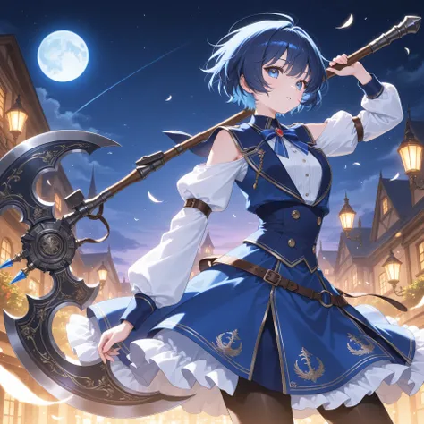 Very Big Axe、Navy blue short hair、fantastic night、moon、fantasy style、girl