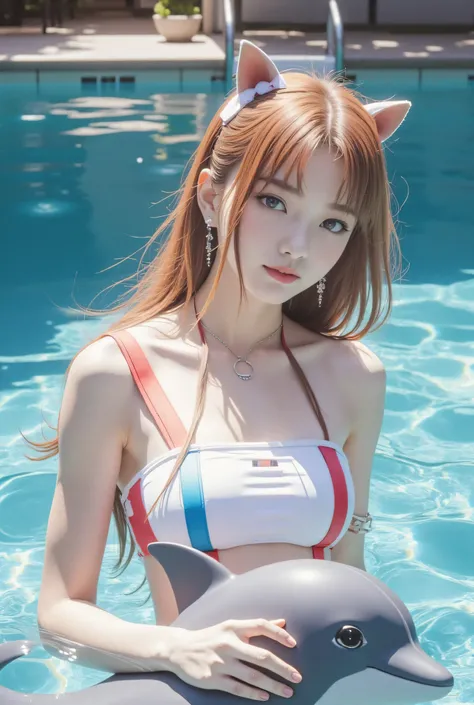 (( Highest Quality 、In 8K、masterpiece:1.3)) Cosplayer photo session、Pose with your best smile、 pool、Ride a toy dolphin