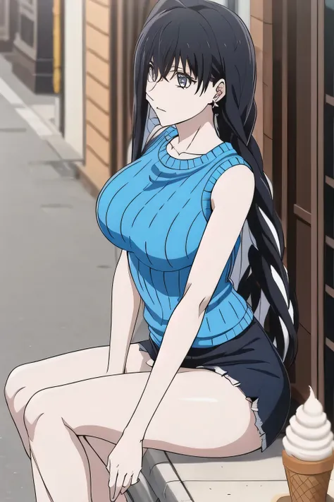  miniskirt and sleeveless dress,Picture her sitting on a bench eating soft serve ice cream，I'm wearing a miniskirt、nice smiles,{{X}},It depicts her expression more delicately，walking alone，       city tour       ,，（（（She is dressed in a casual tourist styl...