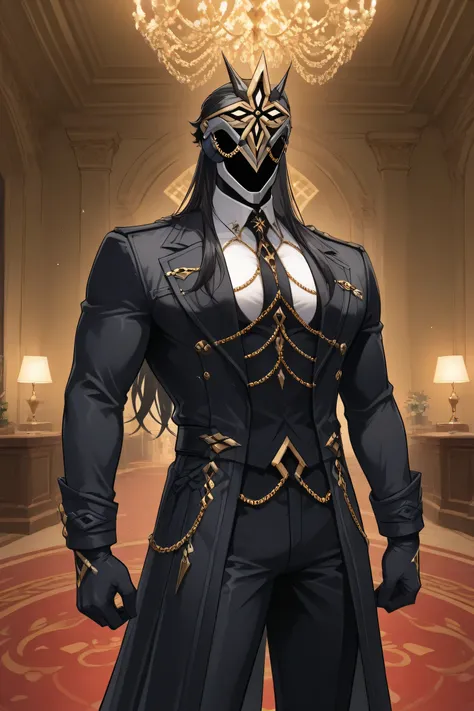 score_9, score_7_up,  source _ Anime Ilcapitano , a boy, Alone, male approach, BLACK HAIR, Long hair, Mascara, Faceless,  Masked man ,
elegant living room interior, Party atmosphere ,interior lighting,
white t-shirt with long sleeve buttons, black tie,blac...