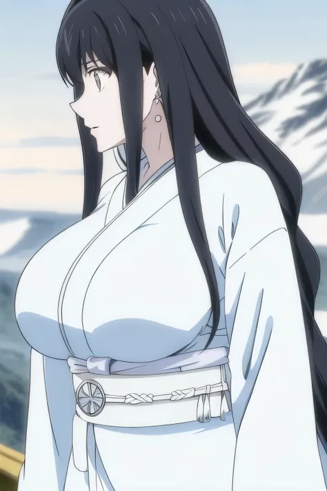 I'm wearing a pure white kimono，snowy mountains,A cold winter sky,Can you draw a charming Snow Woman,standing，The face is very important，（That work is enough for one person {X} can you draw a competitive swimsuit）、 That's all it takes，frown。unless the job ...