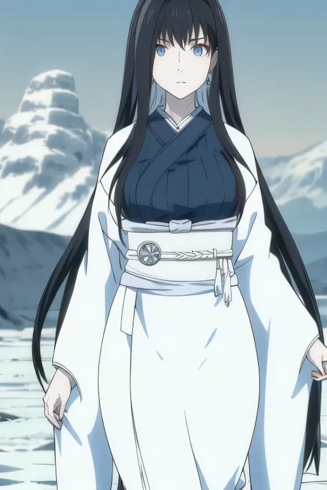 I'm wearing a pure white kimono，snowy mountains,cold winter sky,Can you draw a charming snowwoman,standing，Faces are very important，（That work is enough for one person {X} can you draw a competitive swimsuit）、 That's enough，frown。unless the job requires it...