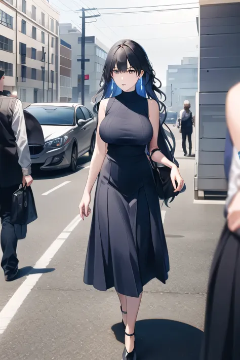 I'm drawing the expression of。please draw her expression more delicately,Faces are very important,Can you draw a sleeveless dark blue long dress,Big Breastsでもウエストが細い,{{X}},I'm drawing her expression more delicately,walking alone, city tour ,,...