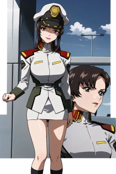 Can you draw her legs looking back,standing,I Can See My Black Panties From My Macross Miniskirt、 beautiful feet,Legline Beauty Seduction, Faces are important,Big Breastsでもウエストが細い,I can see her long black panties,can you draw long socks on both legs,一peopl...