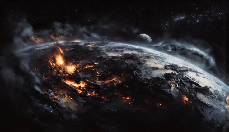 Planet earth is covered in fire. view from space. The planet is falling apart. The emptiness of space and the stars are all around. horror