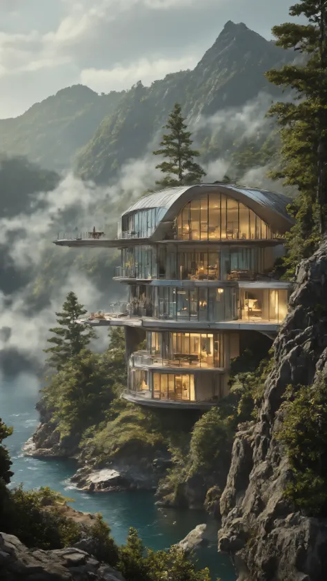 vast, futuristic glass sanctuary with multiple levels and open terraces, cantilevered dramatically over a serene Nordic fjord, surrounded by towering cliffs and pine trees, morning fog flows beneath the structure like a river of clouds, interior filled wi...