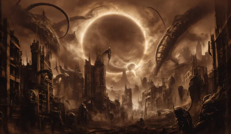 The streets of a megalopolis with skyscrapers. brown sky, dead earth. Black silhouettes of terrible monsters roam the city. There is a terrifying solar eclipse in the sky, from which long black tentacles grow. There are hundreds of silhouettes. Horror