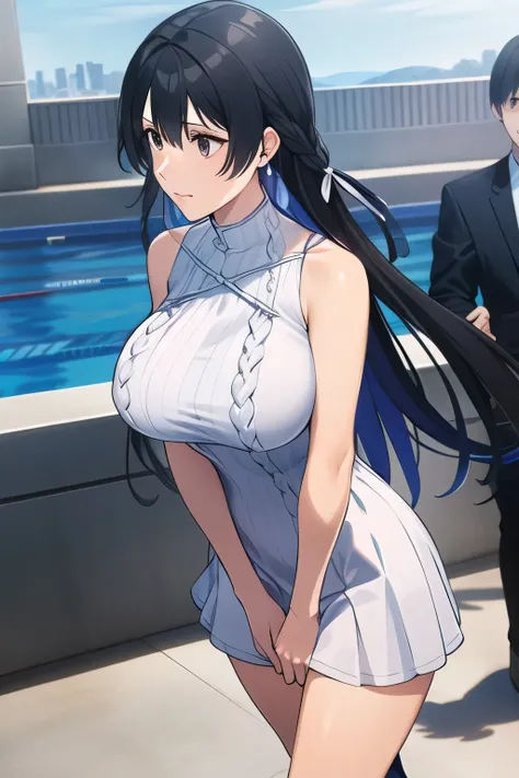 Can I draw a swimsuit at the pool facility,I'm drawing a facial expression。depicts her expression more delicately,Faces are very important,can I draw a sleeveless dark blue long dress,Big Breastsでもウエストが細い,{{X}},depicts her expression more delicatelyいいですか,w...