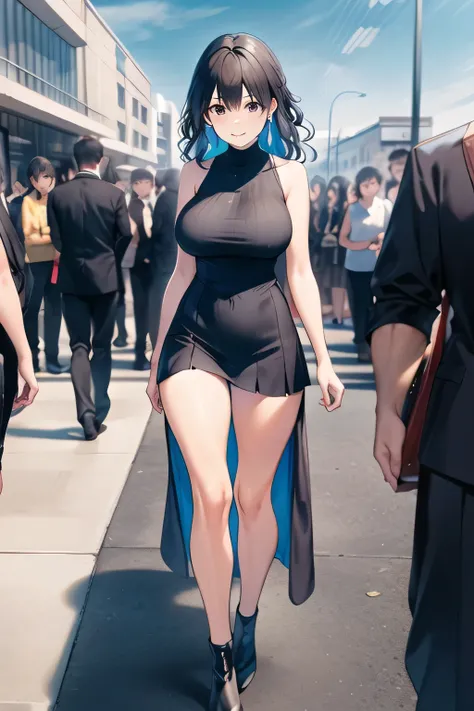 Can you draw a nice smile,Can I draw a swimsuit at the pool facility,I'm drawing a facial expression。depicts her expression more delicately,Faces are very important,can I draw a sleeveless dark blue long dress,Big Breastsでもウエストが細い,{{X}},depicts her express...