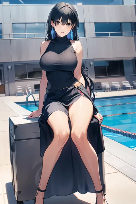 Can you draw a nice smile,can you draw a swimsuit at the pool facility,I'm drawing a facial expression。It depicts her expression more delicately,Faces are very important,can you draw a sleeveless dark blue long dress,Big Breastsでもウエストが細い,{{X}},It depicts h...