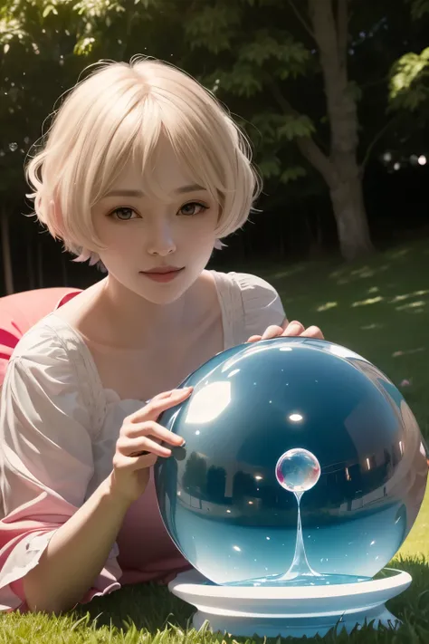 382 (20 year old woman),(short hair),(gentle smile),(high quality photos),( cinematic pictures playing on the lawn ),(colorful),(Crystal Ball),((contrast between light and shade))