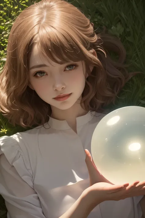 382 (20 year old woman),(short hair),(gentle smile),(high quality photos),( cinematic pictures playing on the lawn ),(colorful),(Crystal Ball),((contrast between light and shade))
