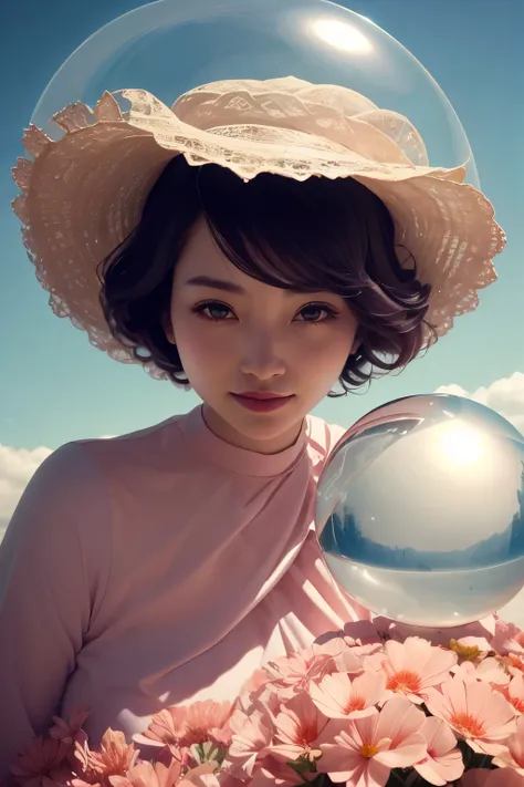 382 (20 year old woman),(short hair),(gentle smile),(high quality photos),( cinematic pictures playing on the lawn ),(colorful),(Crystal Ball),((contrast between light and shade))