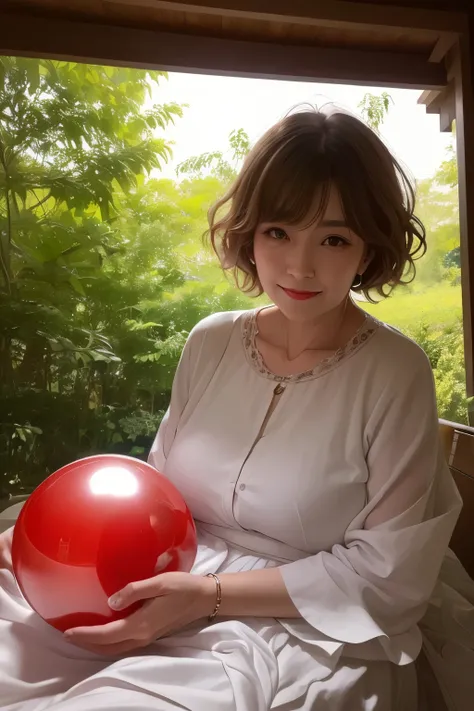 382 (20 year old woman),(short hair),(gentle smile),(high quality photos),( cinematic pictures playing on the lawn ),(colorful),(Crystal Ball),((contrast between light and shade))