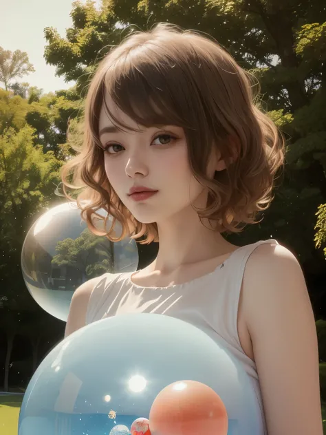 382 (20 year old woman),(short hair),(gentle smile),(high quality photos),( cinematic pictures playing on the lawn ),(colorful),(Crystal Ball),((contrast between light and shade))