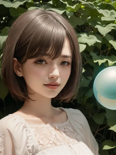 382 (20 year old woman),(short hair),(gentle smile),(high quality photos),( cinematic pictures playing on the lawn ),(colorful),(Crystal Ball),((contrast between light and shade))