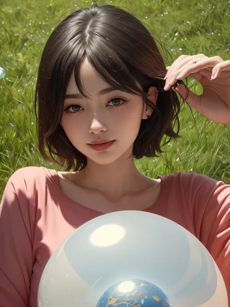 382 (20 year old woman),(short hair),(gentle smile),(high quality photos),( cinematic pictures playing on the lawn ),(colorful),(Crystal Ball),((contrast between light and shade))