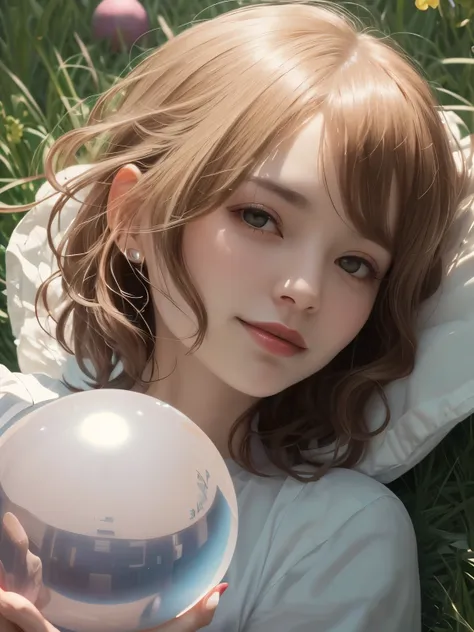 382 (20 year old woman),(short hair),(gentle smile),(high quality photos),( cinematic pictures playing on the lawn ),(colorful),(Crystal Ball),((contrast between light and shade))